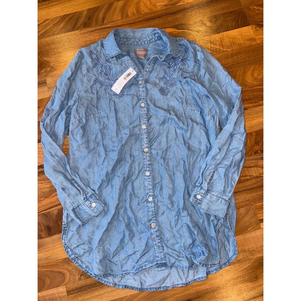 CHICOS Tonal Chambray Button Front Tunic LS Fashion Blue Sky Size 1/‎ Medium NEW